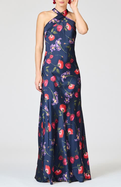 Laurant Floral Sleeveless Satin Crepe Gown