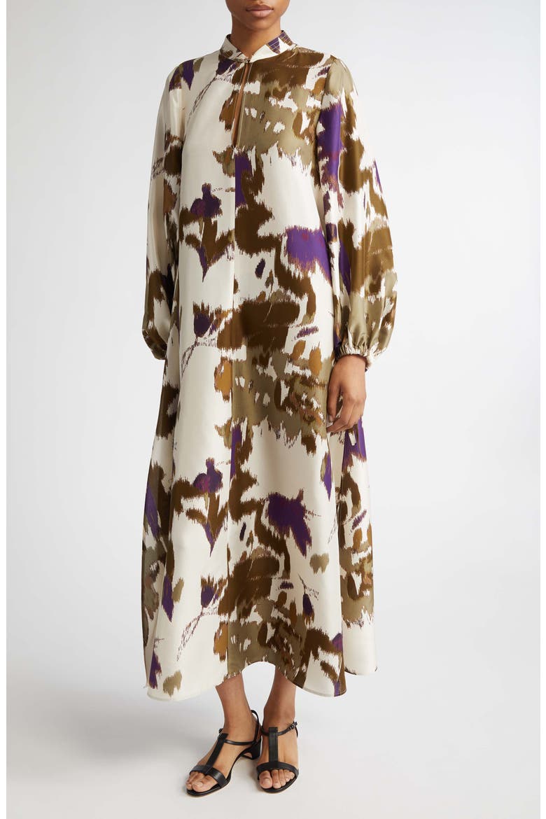 Maesa Floral Long Sleeve Shantung Silk Maxi Dress, Main, color, IVORY