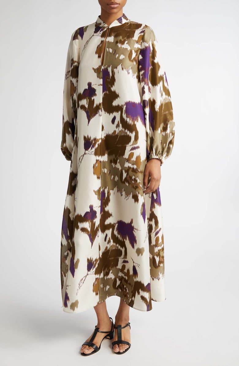 Max Mara Maesa Floral Long Sleeve Shantung Silk Maxi Dress, Main, color, Ivory