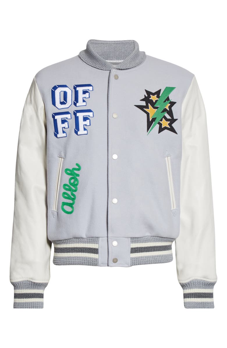 Off-White Logo Leather Sleeve Wool Blend Varsity Jacket, Alternate, color, 