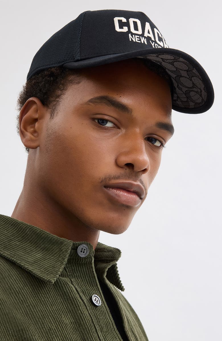 COACH Logo Cotton Twill Trucker Hat, Alternate, color, Black