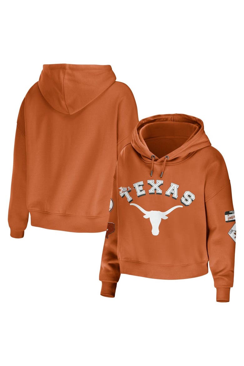 Women's WEAR by Erin Andrews Texas Orange Texas Longhorns Mixed Media Cropped Pullover Hoodie, Main, color, Burnt Orange