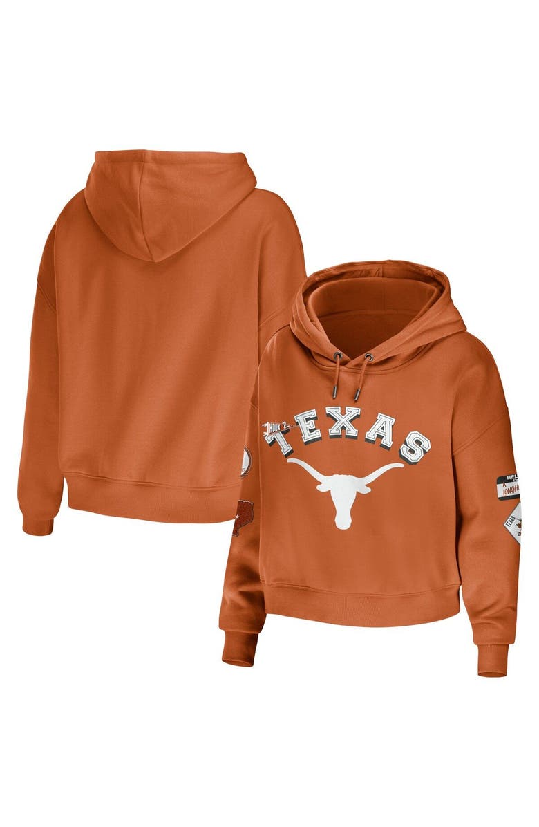 WEAR by Erin Andrews Women's WEAR by Erin Andrews Texas Orange Texas Longhorns Mixed Media Cropped Pullover Hoodie, Main, color, Burnt Orange