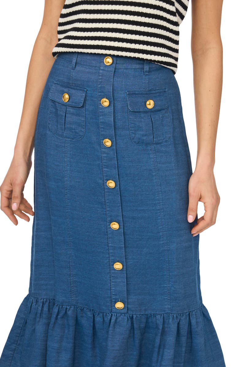 CeCe Button-Up Denim Midi Skirt, Alternate, color, Med Indigo