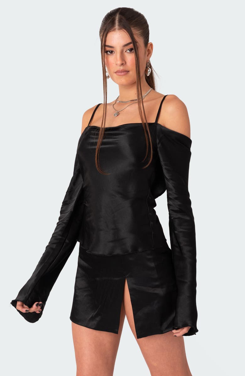 EDIKTED Cold Shoulder Long Sleeve Satin Minidress, Alternate, color, 