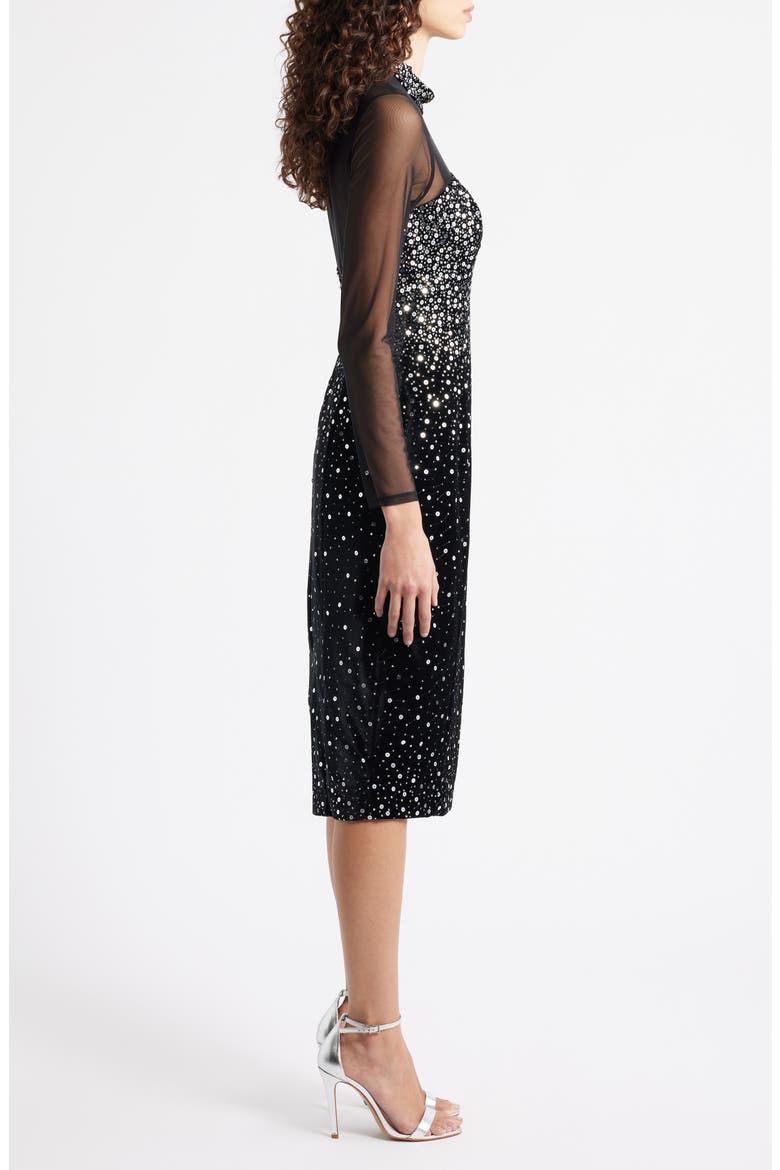 Mixed Media Sequin Long Sleeve Cocktail Midi Dress, Alternate, color, BLACK SILVER