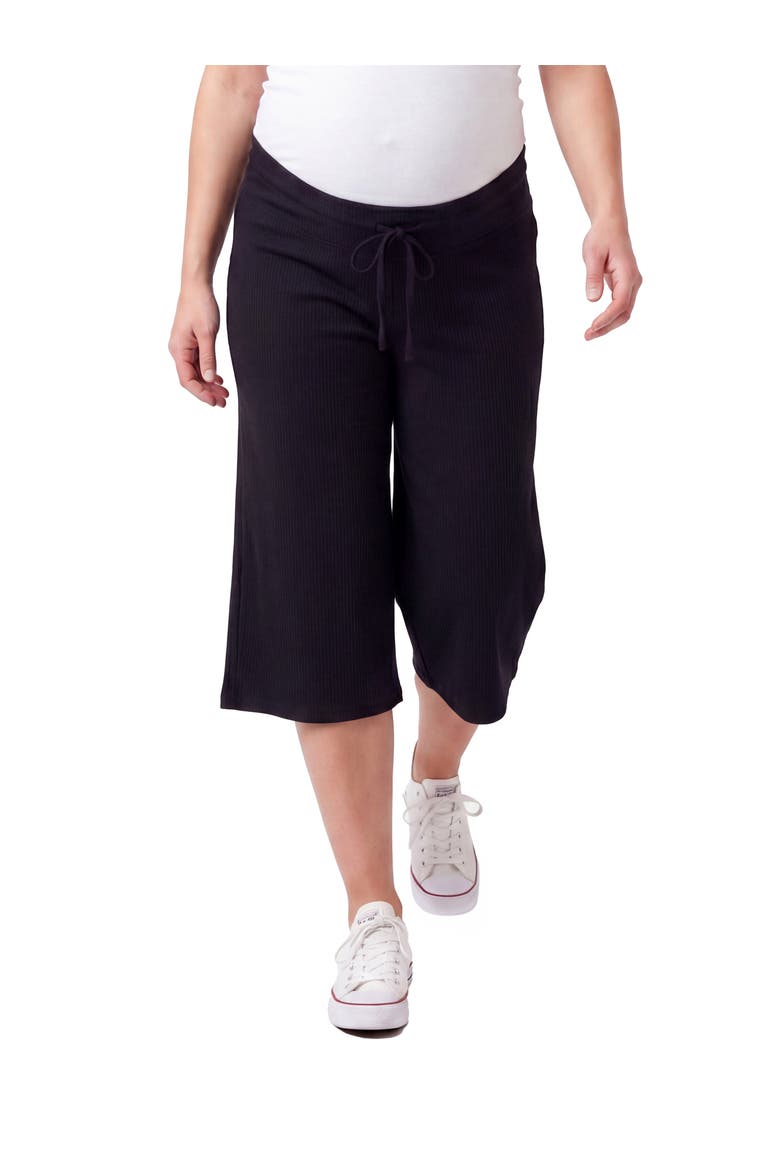 Maternity Basic Ribbed Knit Drawstring Flared Capri Pants, Main, color, Black