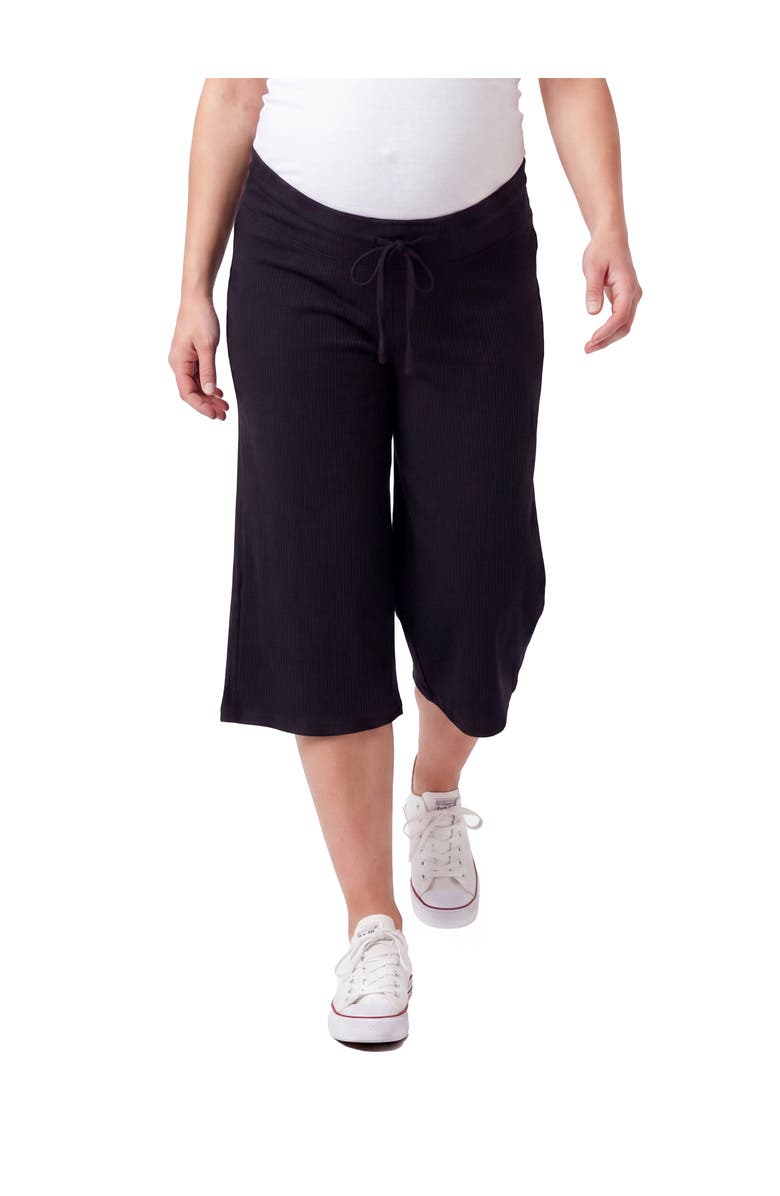 24seven Comfort Apparel Maternity Basic Ribbed Knit Drawstring Flared Capri Pants, Main, color, Black