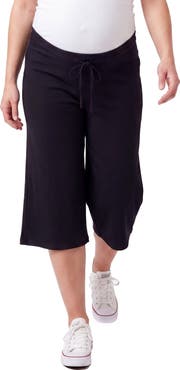 24seven Comfort Apparel Maternity Basic Ribbed Knit Drawstring Flared Capri Pants