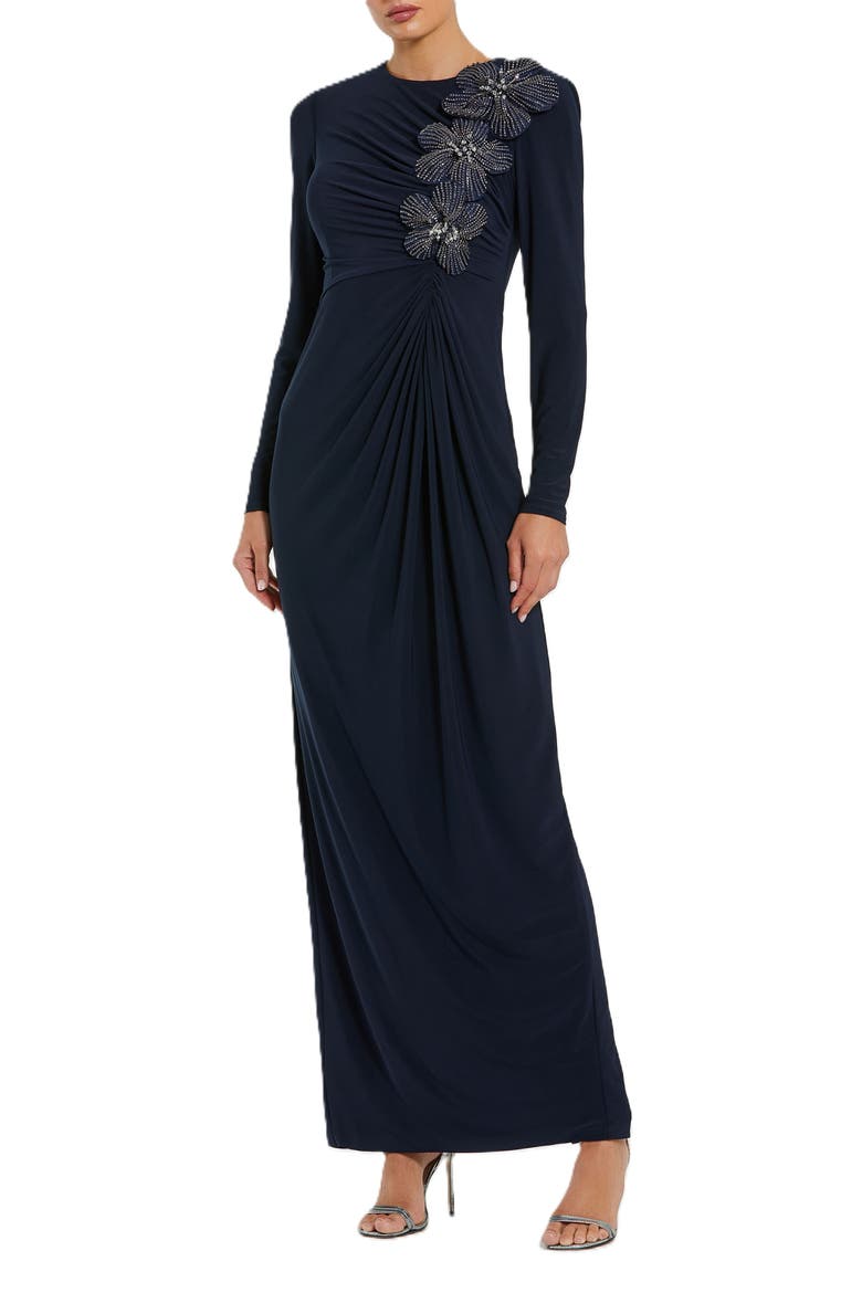 Jersey Long Sleeve Fitted Gown With 3D Flowers, Main, color, Midnight