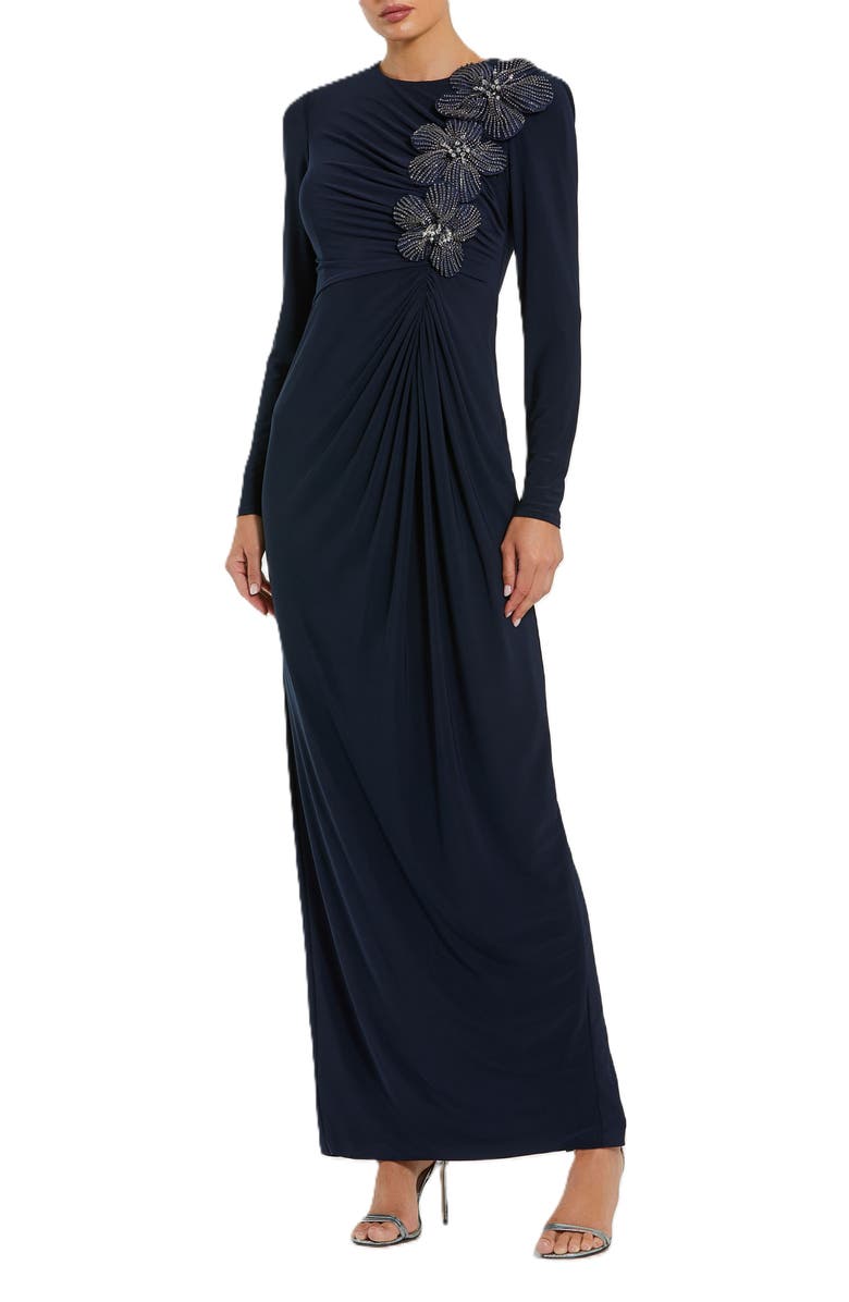 Mac Duggal Jersey Long Sleeve Fitted Gown With 3D Flowers, Main, color, Midnight