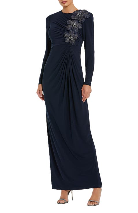 Jersey Long Sleeve Fitted Gown With 3D Flowers