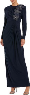 Mac Duggal Jersey Long Sleeve Fitted Gown With 3D Flowers