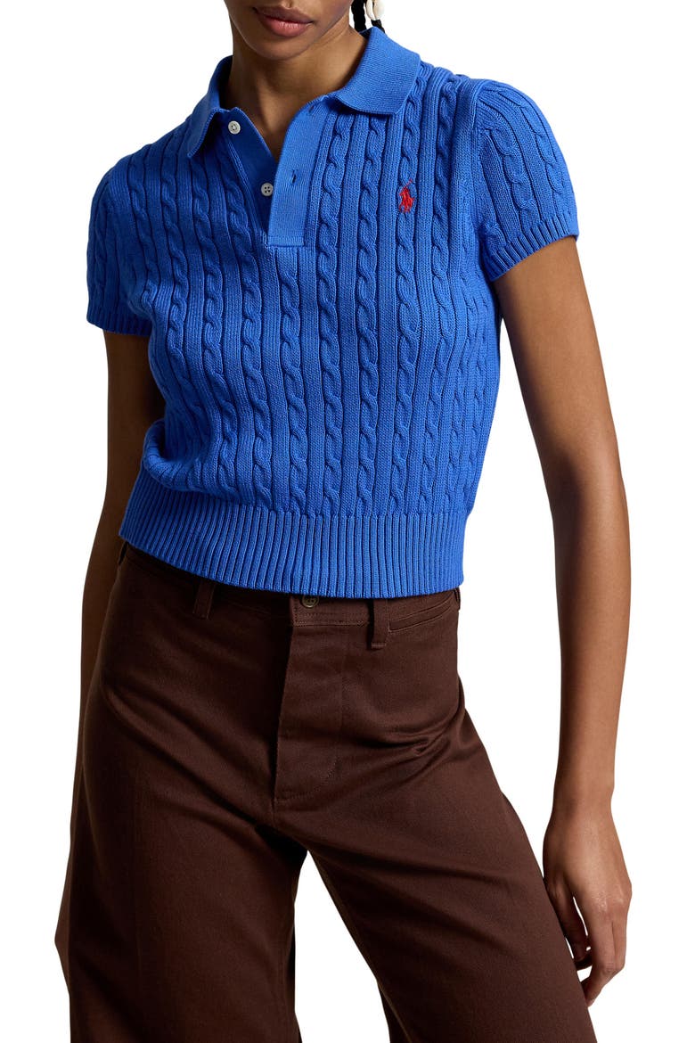 Crop Cable Knit Cotton Polo Sweater, Main, color, GALA BLUE