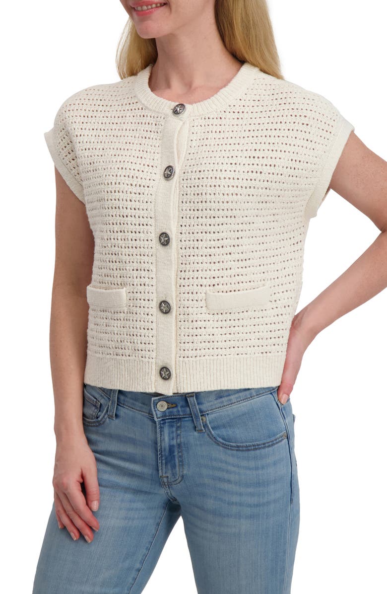 Lucky Brand Short Sleeve Cotton Cardigan, Alternate, color, Cannoli Cream