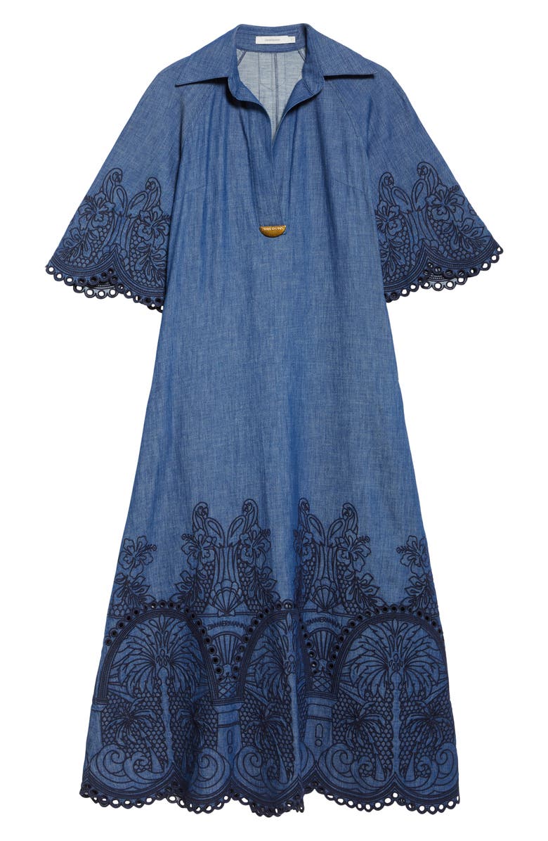 Zimmermann Coco Embroidered Denim Caftan Dress, Alternate, color, Railway Blue