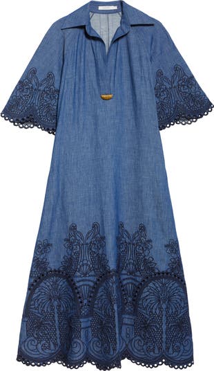 Zimmermann Coco Embroidered Denim Caftan Dress | Nordstrom