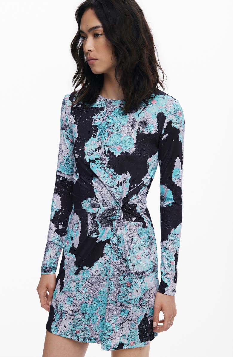 Desigual Lacroix Print Long Sleeve Twist Detail Minidress, Alternate, color, Green Blue