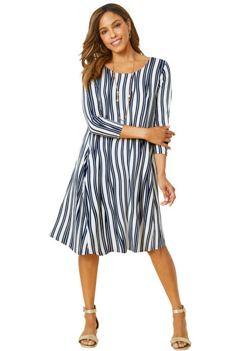 Stretch Knit Three-Quarter Sleeve T-shirt Dress (Plus)