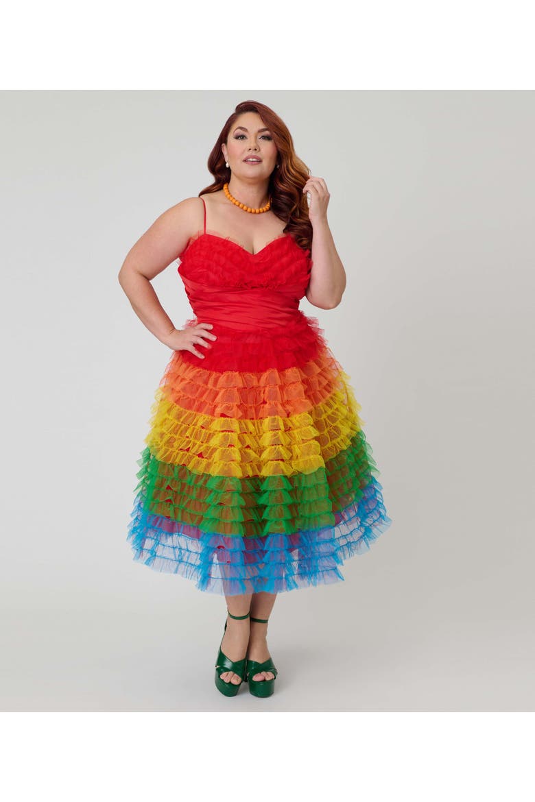 Plus Size Tulle Sweetheart Cupcake Swing Dress, Main, color, Red Rainbow Stripe