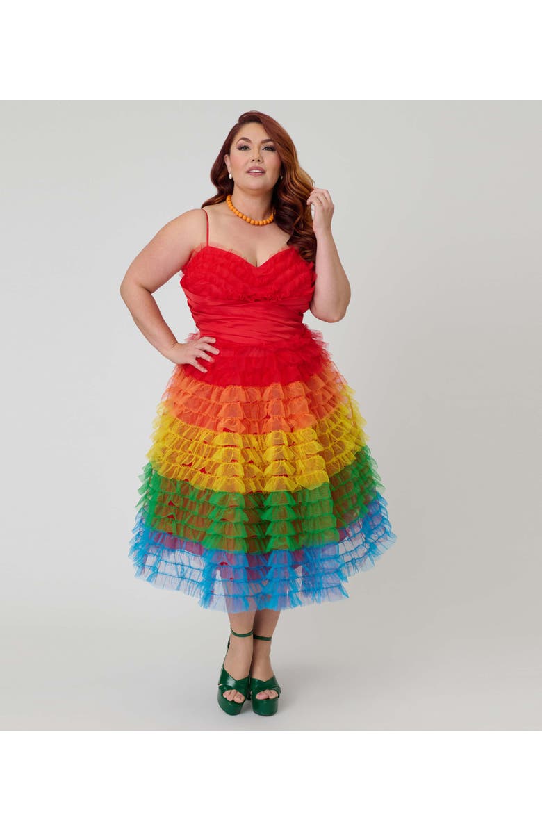 Unique Vintage Plus Size Tulle Sweetheart Cupcake Swing Dress, Main, color, Red Rainbow Stripe