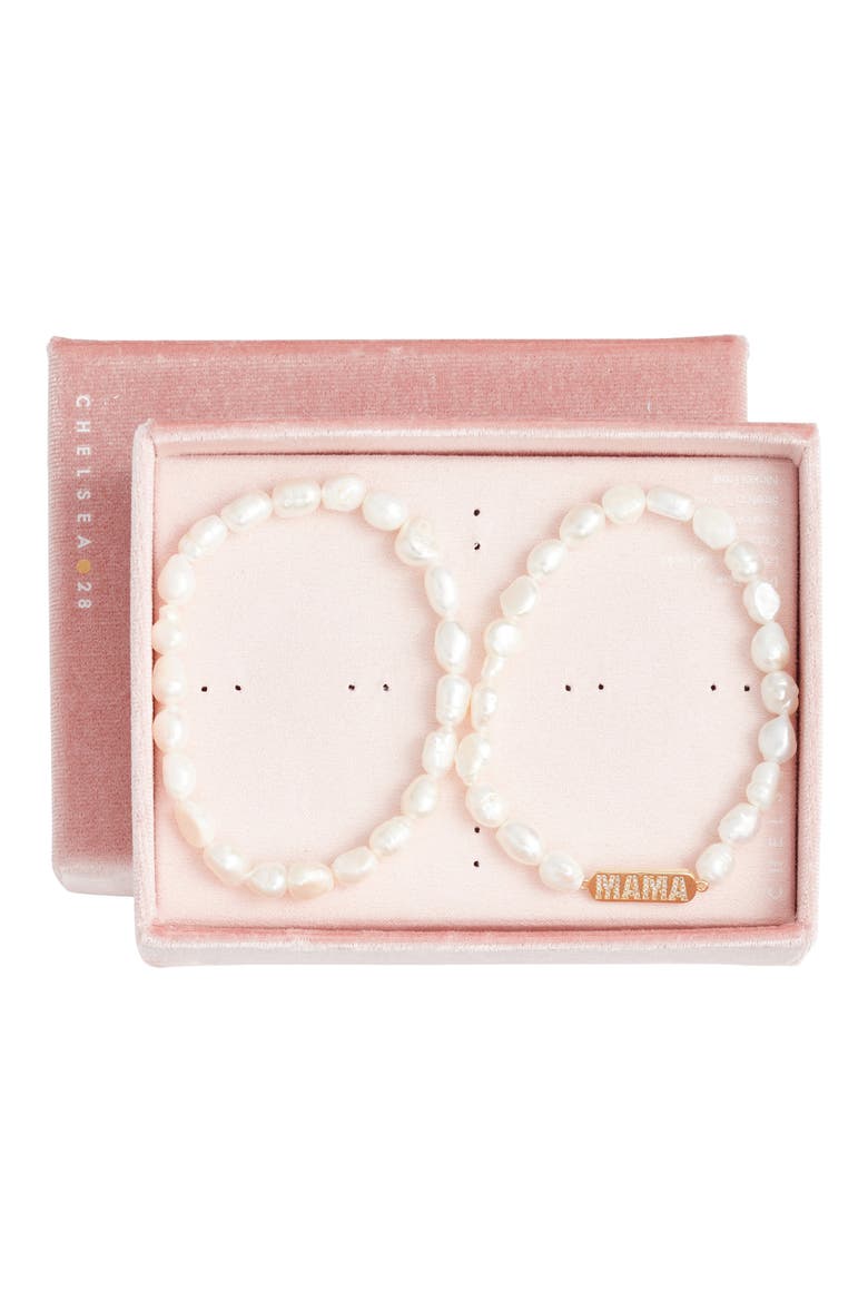 Gift Boxed Set of 2 Beaded Mama Faux Pearl Stretch Bracelets, Main, color, CLEAR- WHITE- GOLD