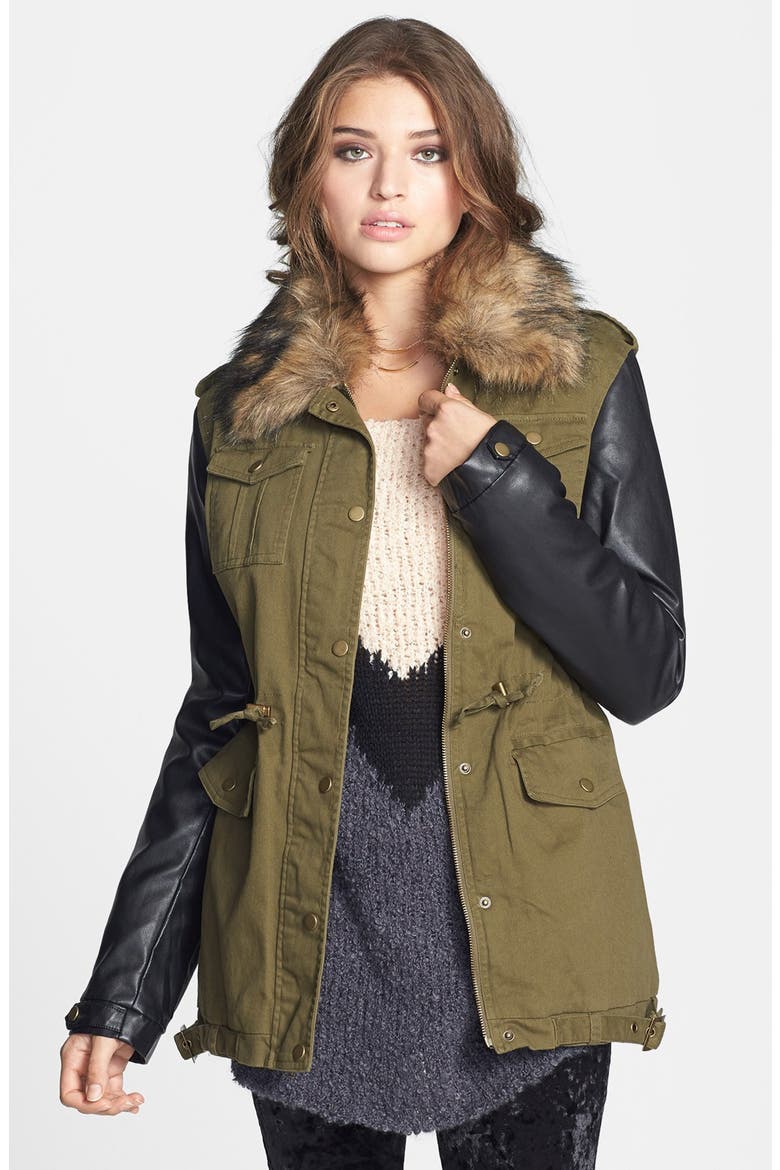 Faux Leather Sleeve Jacket, Main, color, OLIVE
