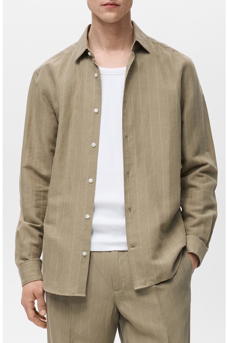Regular Fit Stripe Linen & Cotton Button-Up Shirt, Main, color, KHAKI