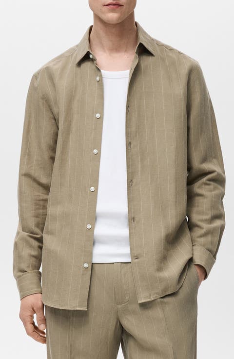 Regular Fit Stripe Linen & Cotton Button-Up Shirt