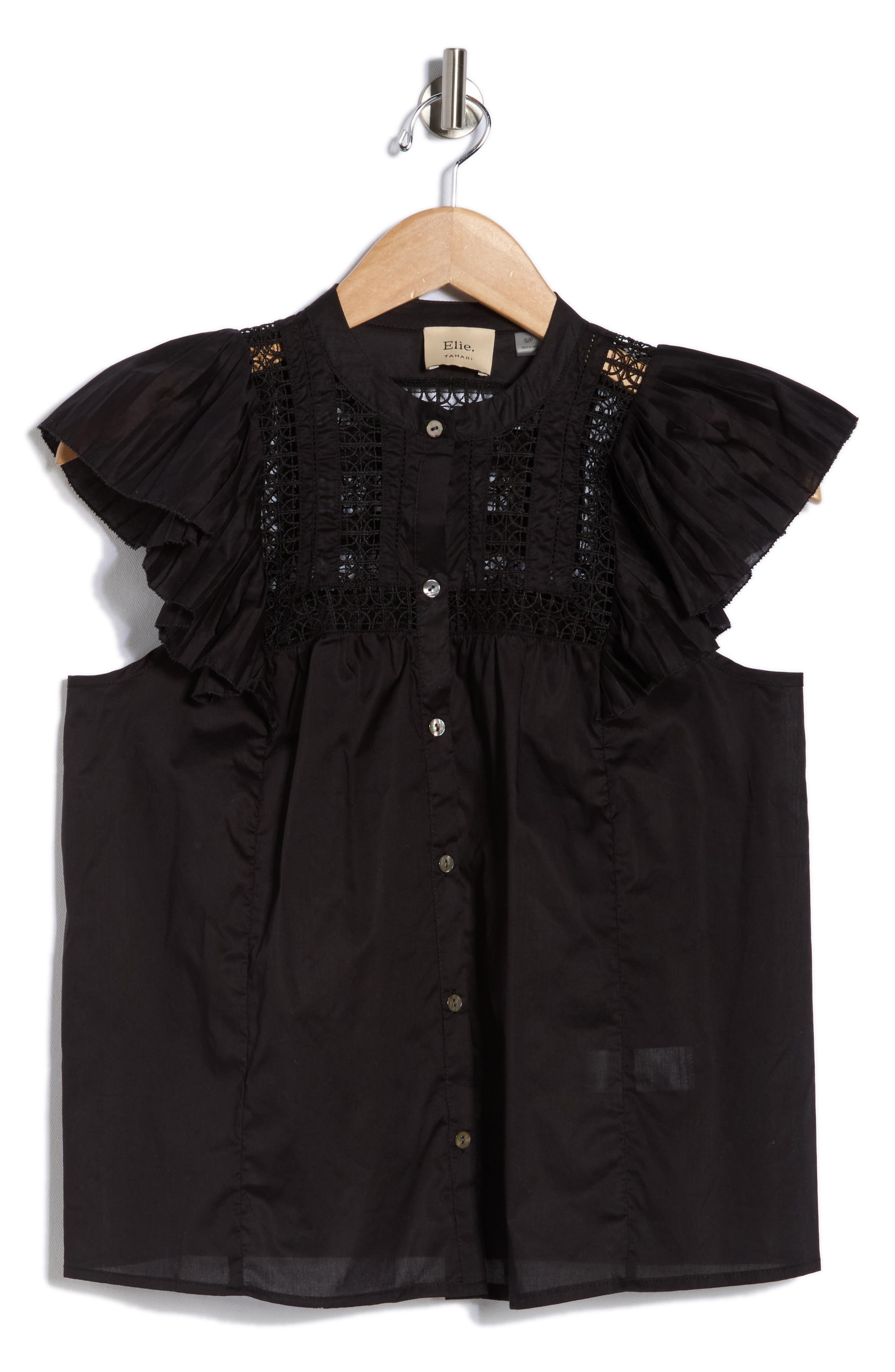 ELIE ELIE TAHARI Cap Sleeve Lace Trim Button-Up Top