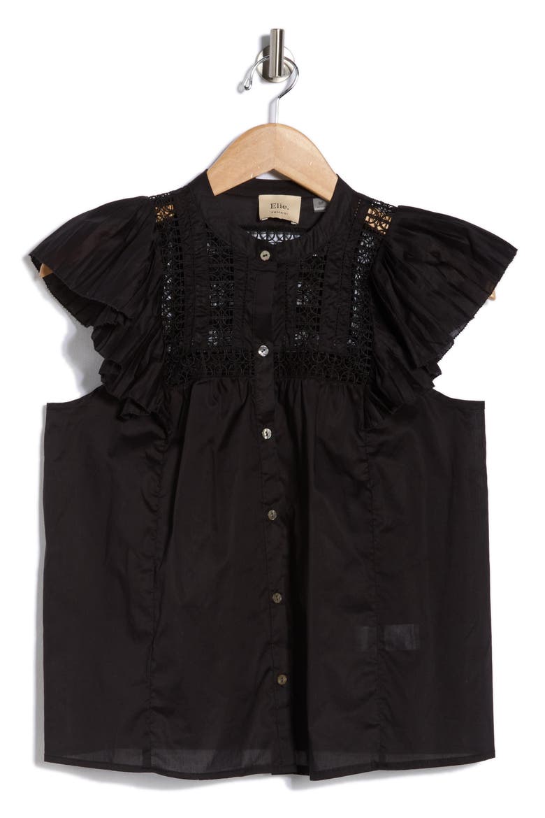 Cap Sleeve Lace Trim Button-Up Top, Alternate, color, BLACK