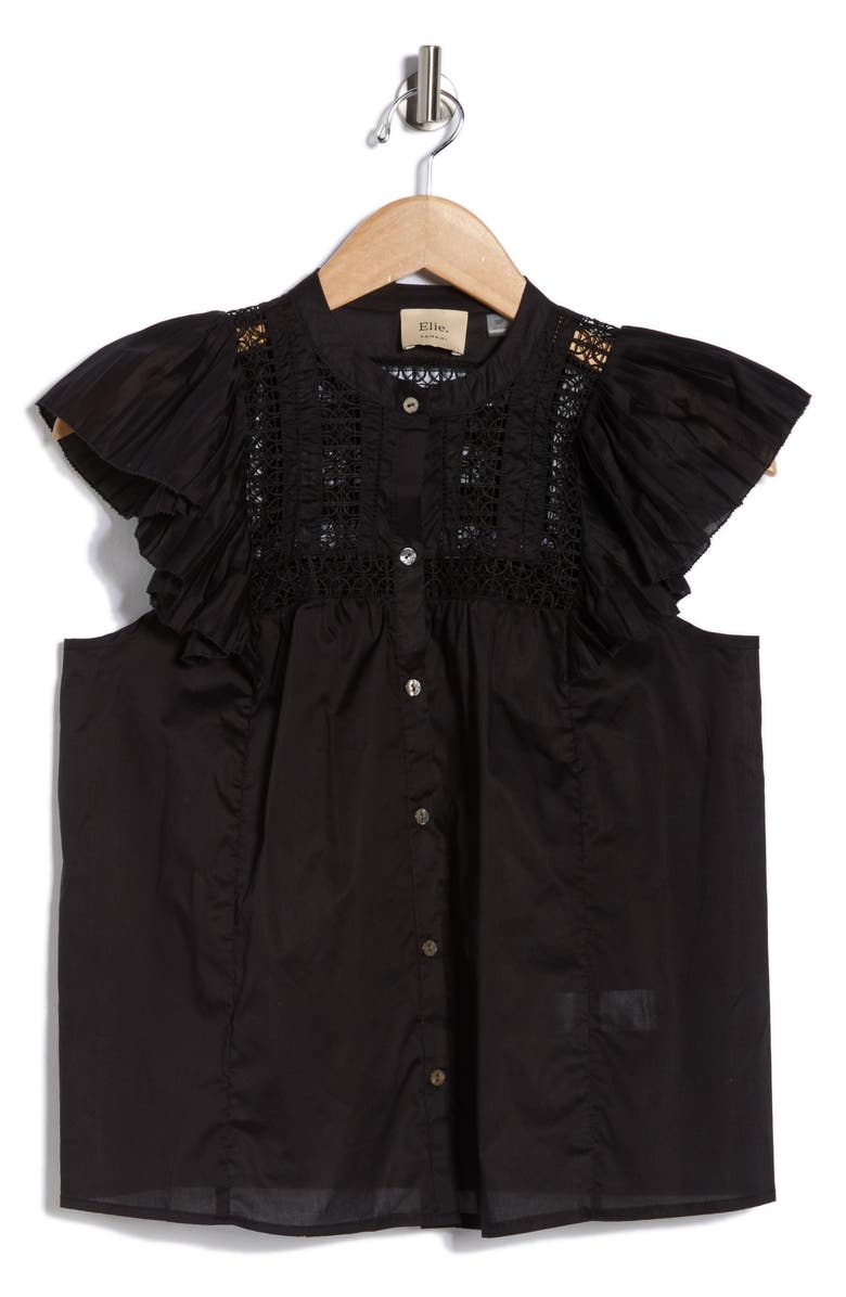 ELIE ELIE TAHARI Cap Sleeve Lace Trim Button-Up Top, Alternate, color, Black