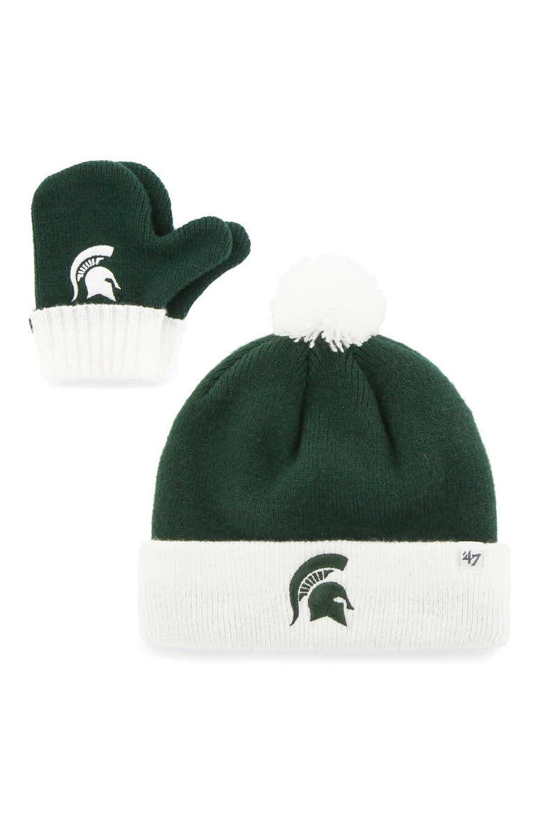'47 Toddler '47 Michigan State Spartans Two-Piece Bam Bam Cuffed Knit Hat with Pom & Mitten Set, Main, color, Green