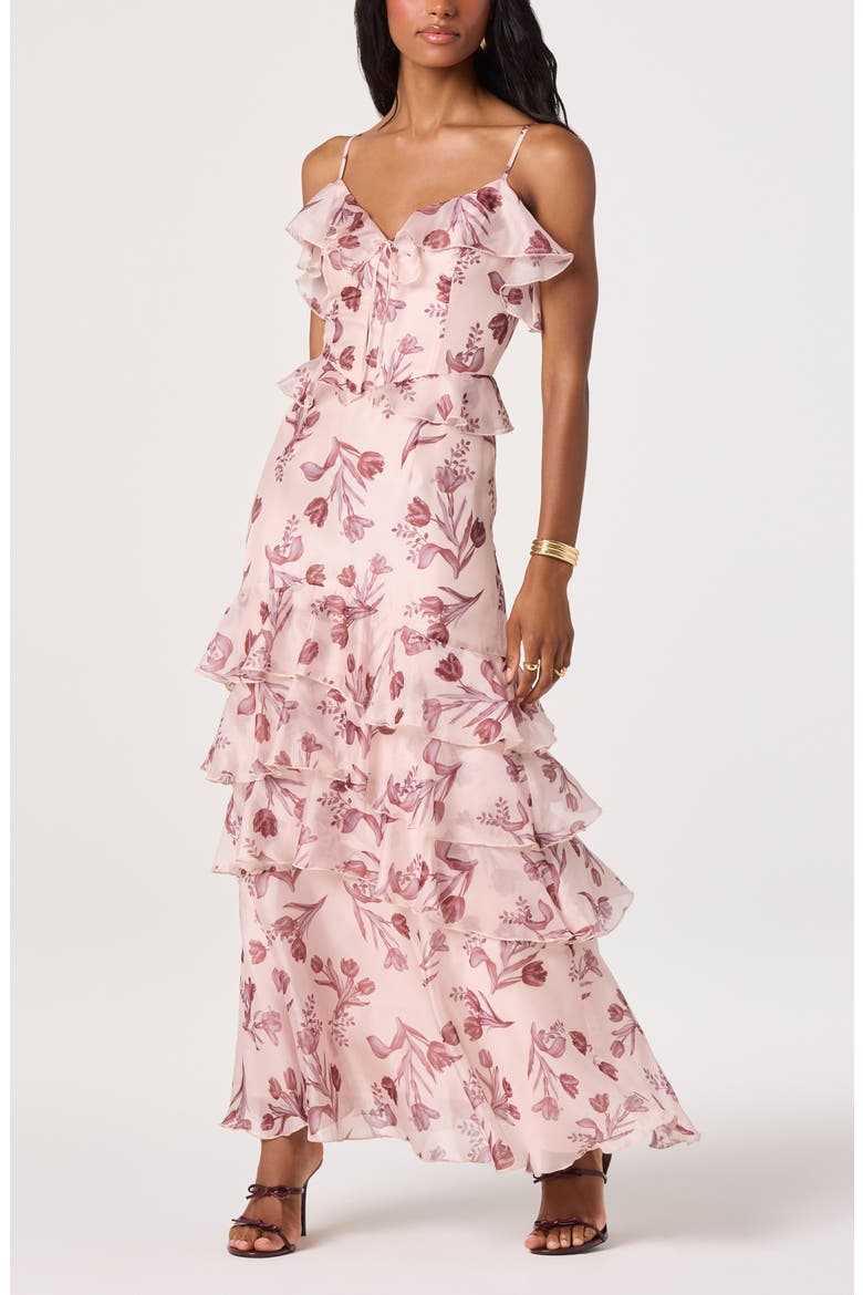 Emiliana Floral Tiered Ruffle Cold Shoulder Maxi Dress, Alternate, color, SOFT PINK FLORAL