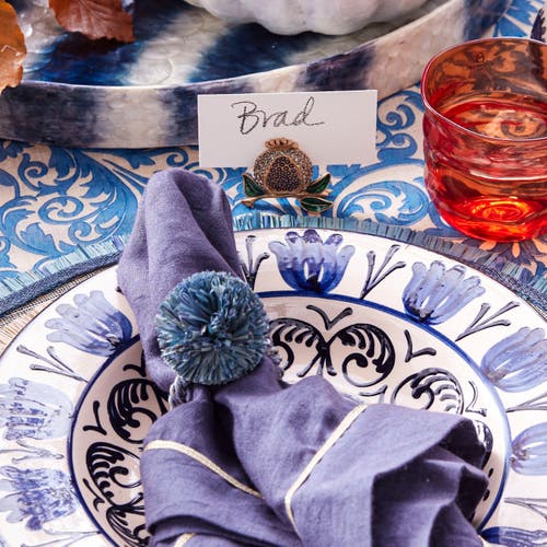 Joanna Buchanan Straw Pompom Napkin Rings, Set Of Four In Blue