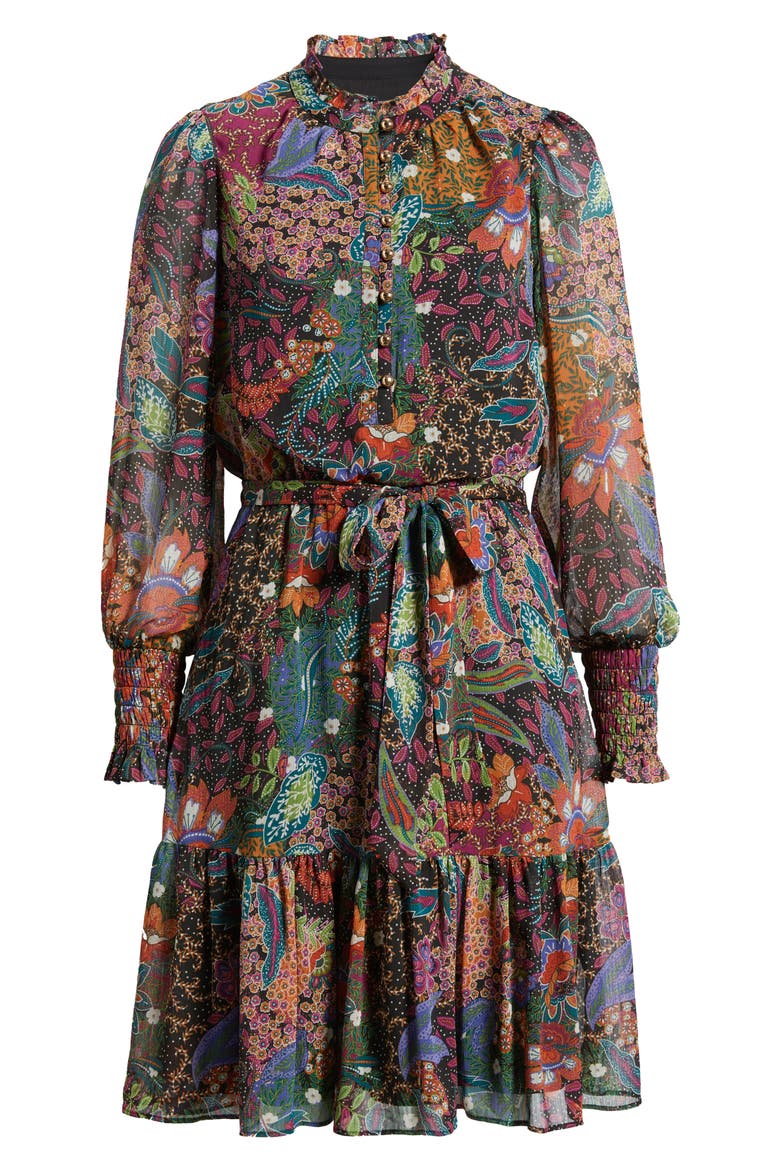 Floral Long Sleeve Chiffon Fit & Flare Dress, Alternate, color, MULTI ORANGE