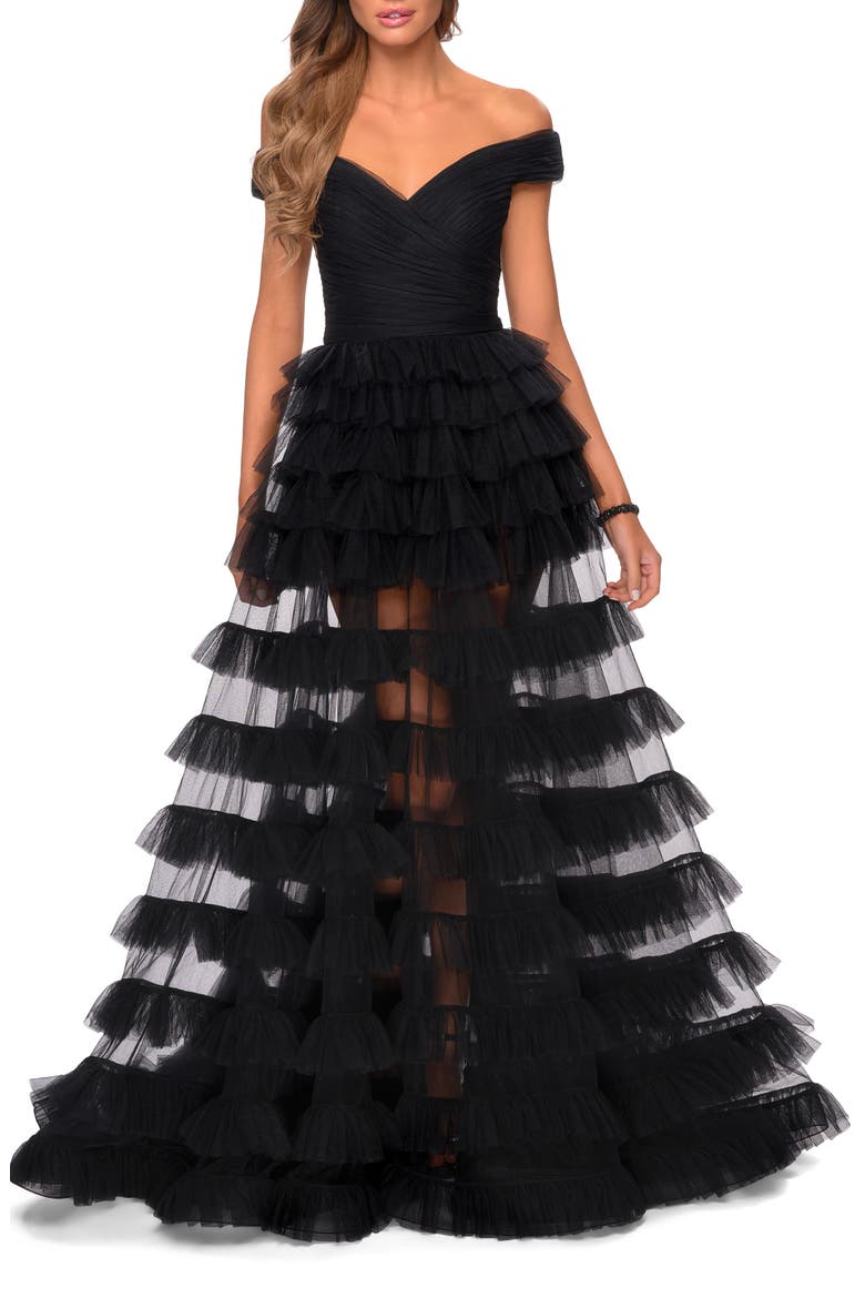 Off the Shoulder Sheer Tulle Ballgown, Main, color, BLACK