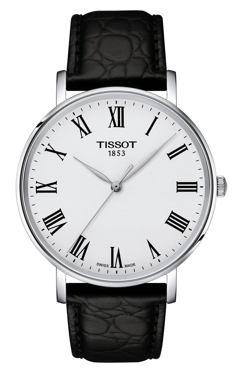 Tissot Everytime Leather Strap Watch, 40mm, Main, color, Silver