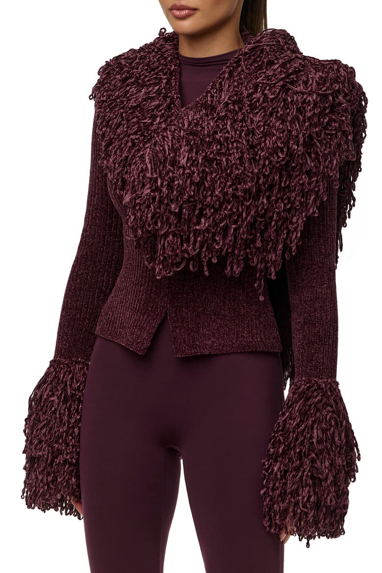 Loop Fringe Ribbed Cardigan, Alternate, color, PLUM