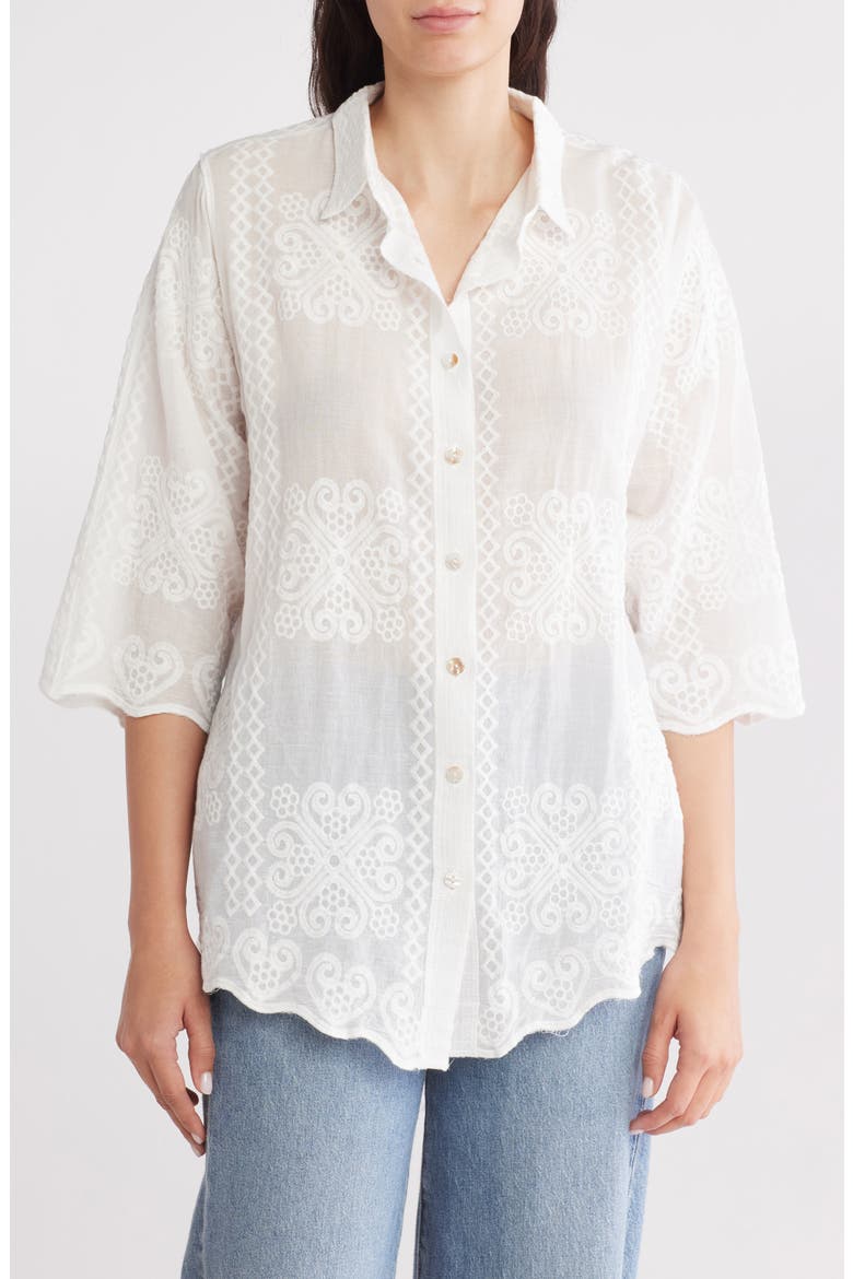 Floral Embroidered Three-Quarter Sleeve Cotton Button-Up Shirt, Main, color, WHITE
