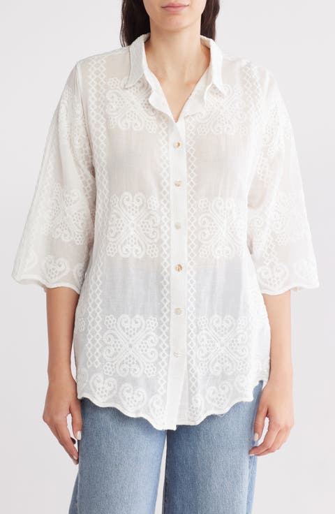 Floral Embroidered Three-Quarter Sleeve Cotton Button-Up Shirt