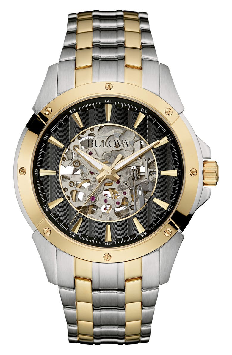BULOVA Skeleton Dial Automatic Two-Tone Bracelet Watch, 40mm, Main, color, Two-Tone