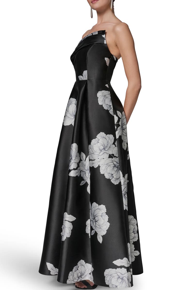 Donna Karan New York One-Shoulder Floral Print Gown, Alternate, color, Black/ Cream