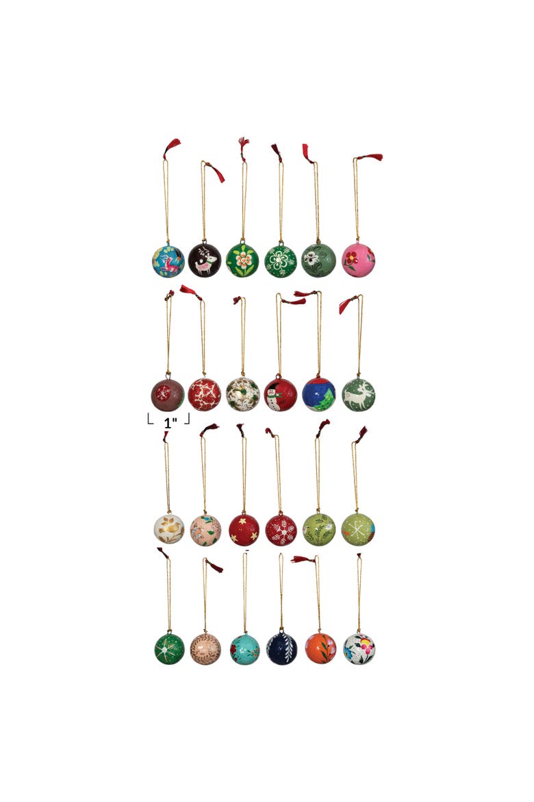 Round Hand-Painted Paper Mache Ball Ornaments in Egg Crate, Set of 24, Alternate, color, Multi
