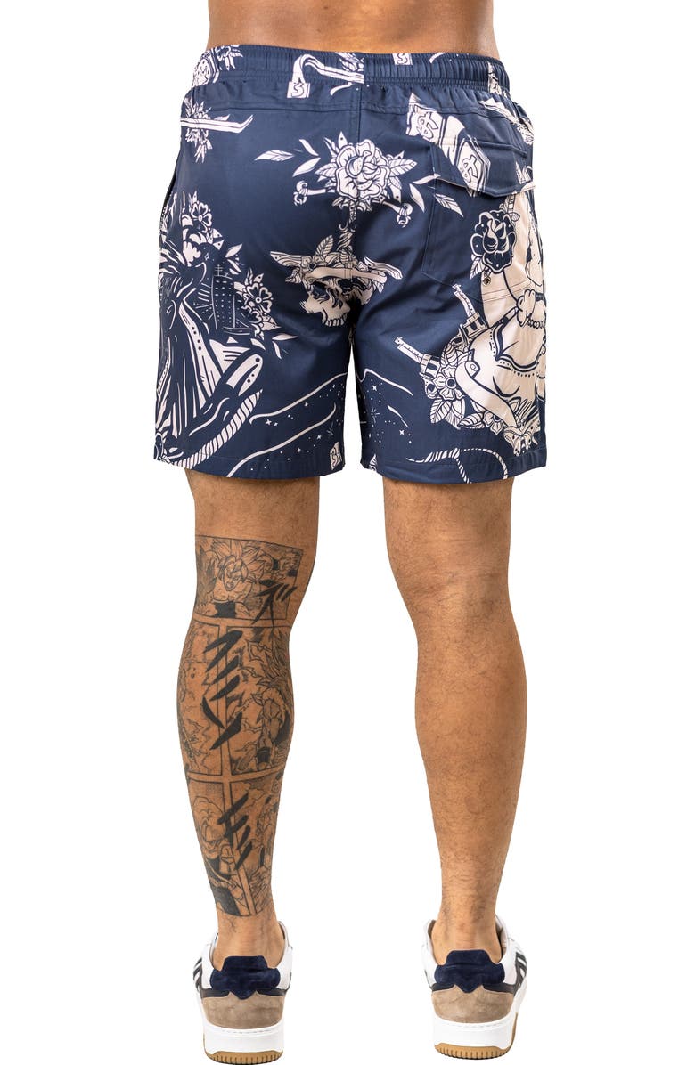 Maceoo Martyr Print Swim Trunks, Alternate, color, Black