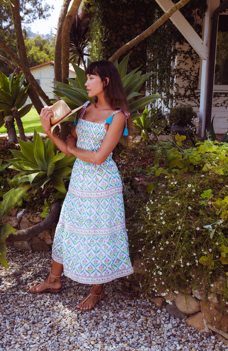 ALICIA BELL Odette Smocked Cotton & Silk Cover-Up Maxi Dress, Alternate, color, Turquiose Purple Diamond