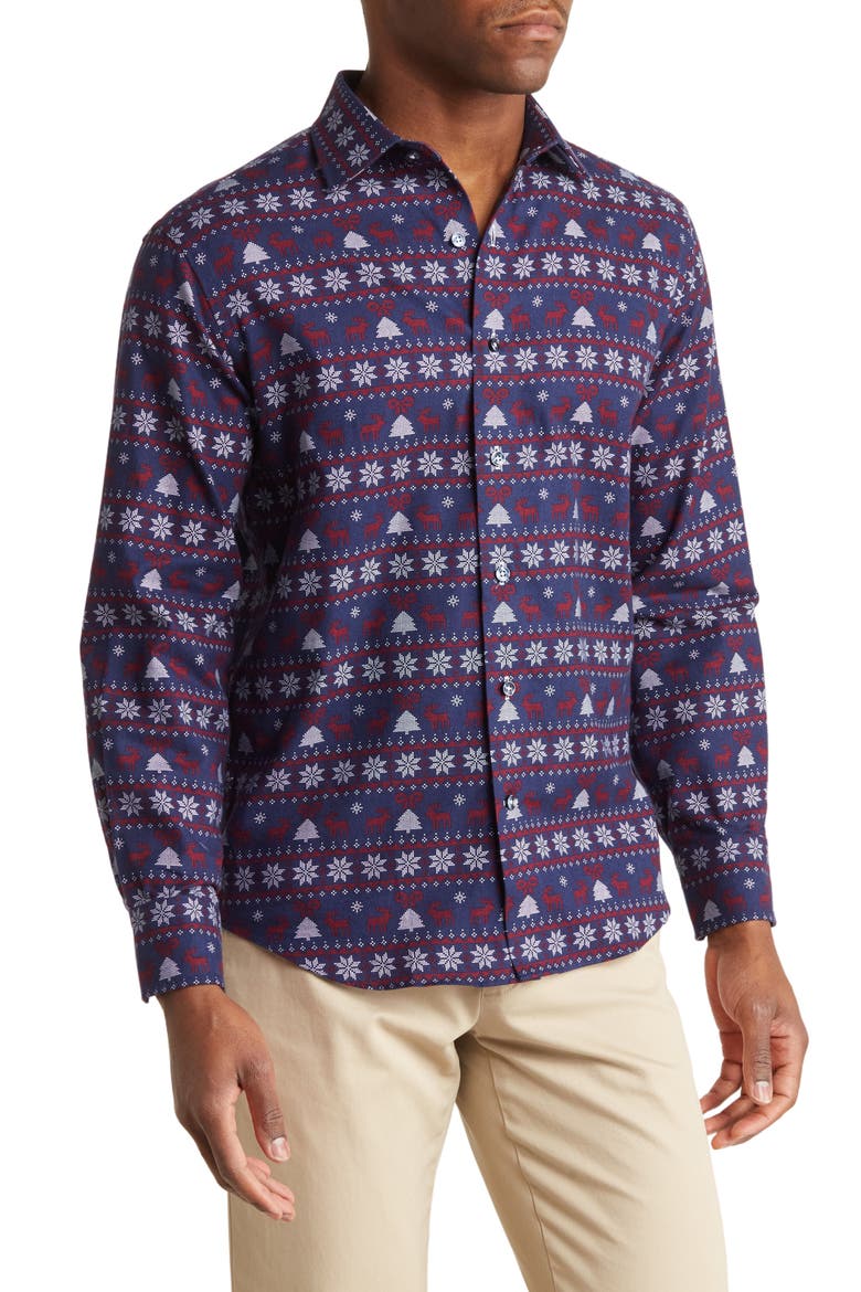 Holiday Print Button-Down Shirt, Main, color, NAVY/ RED