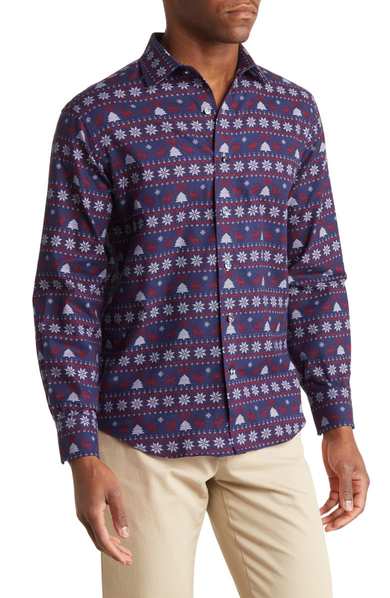 Lorenzo Uomo Holiday Print Button-Down Shirt, Main, color, Navy/ Red