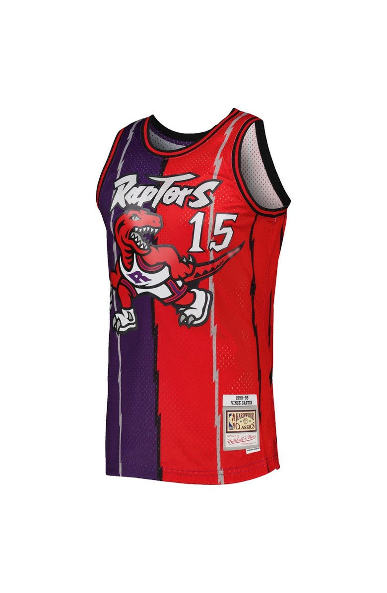 Mitchell & Ness Men's Mitchell & Ness Vince Carter Purple/Red Toronto Raptors Hardwood Classics 1998/99 Split Swingman Jersey, Alternate, color, 