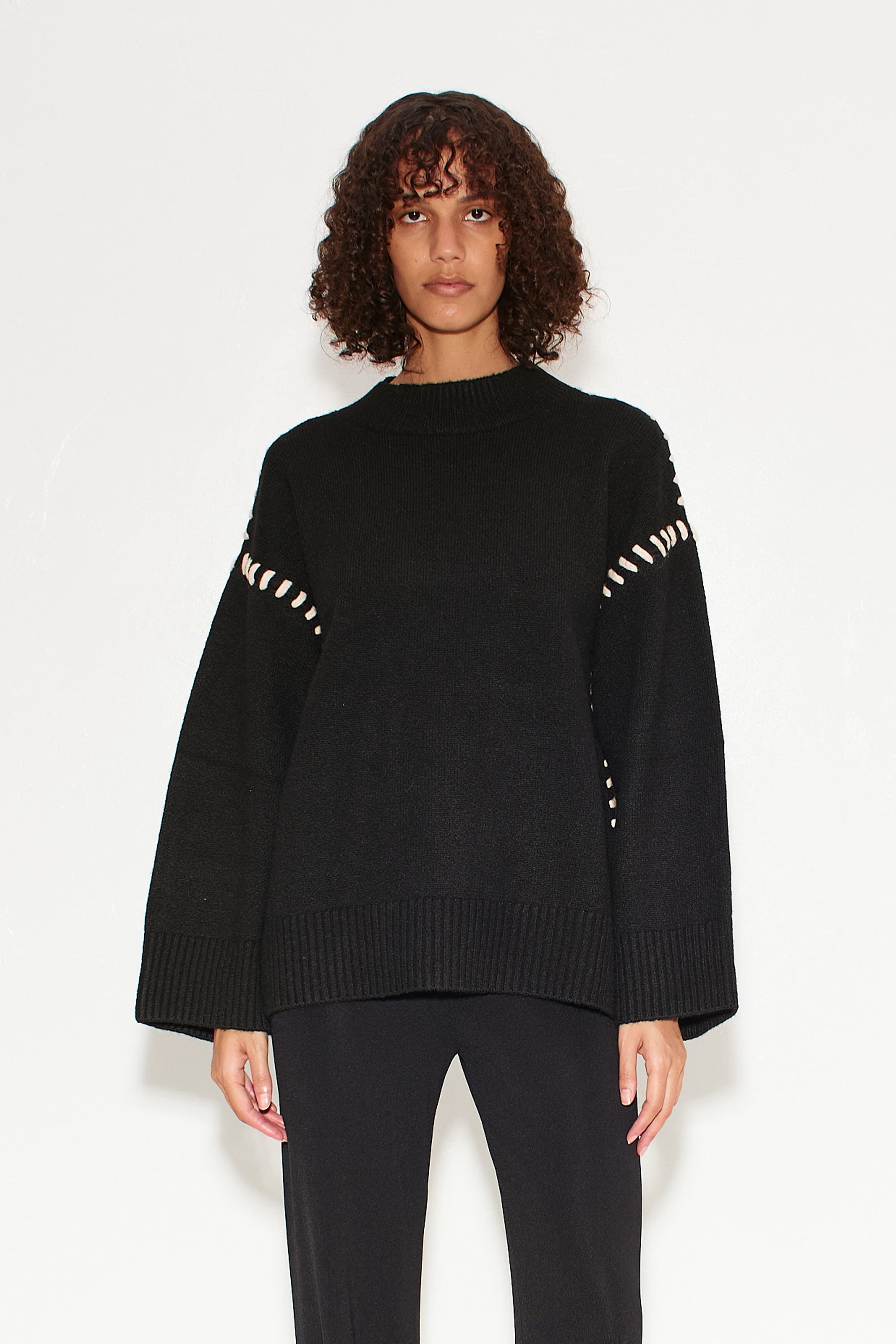 SIMONMILLER LEITH WHIPSTITCH KNIT SWEATER in Black With Cream 